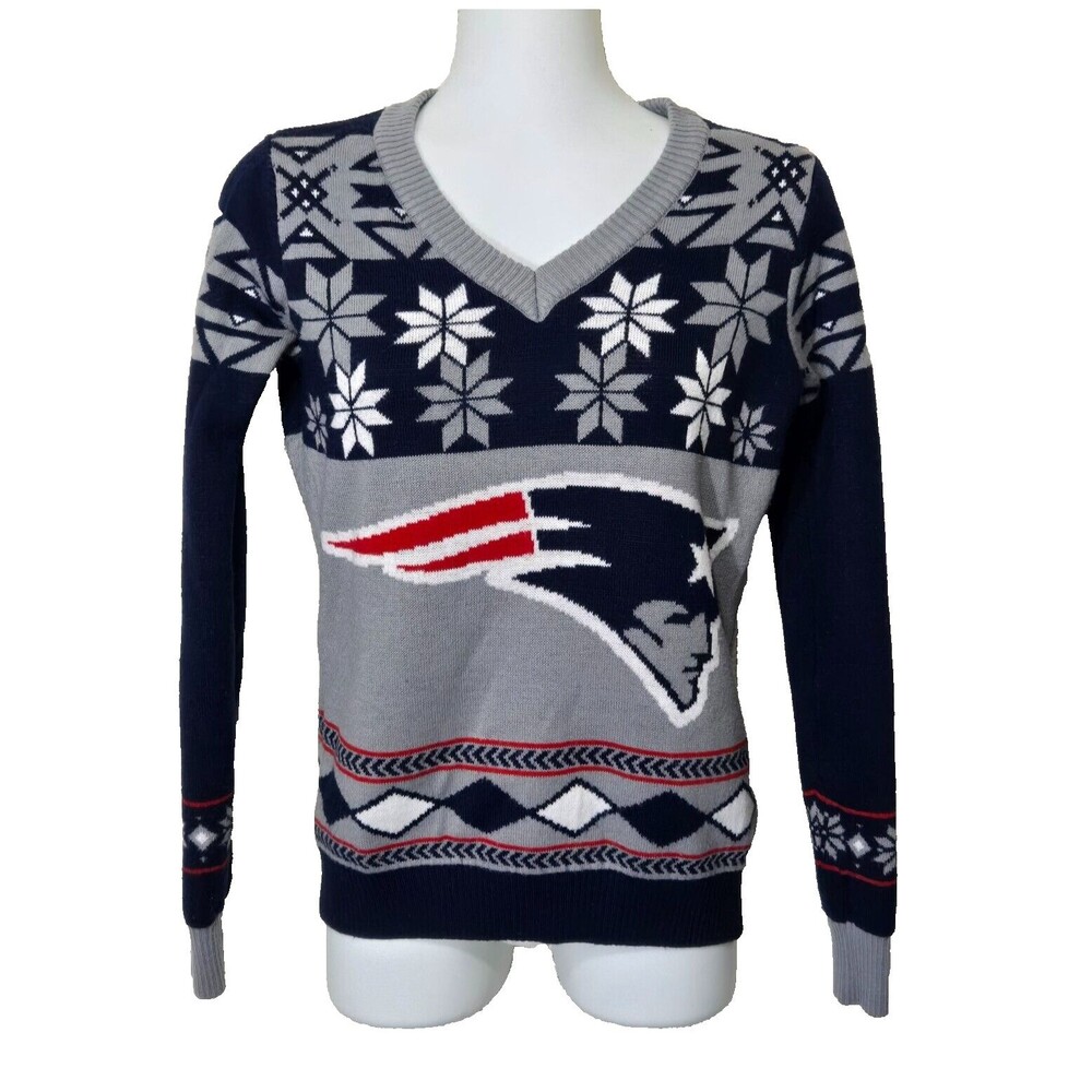 NFL Patriots Sweater Womens Small Holiday Football Pats Christmas Navy Blue Gray